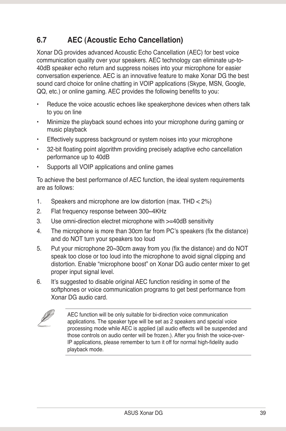 7 aec (acoustic echo cancellation), Aec (acoustic echo cancellation), 7 a�c �acoustic �cho cancellation | Asus Xonar DG User Manual | Page 45 / 58