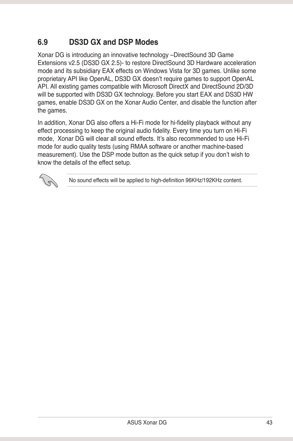 9 ds3d gx and dsp modes, Ds3d gx and dsp modes | Asus Xonar DG User Manual | Page 49 / 58