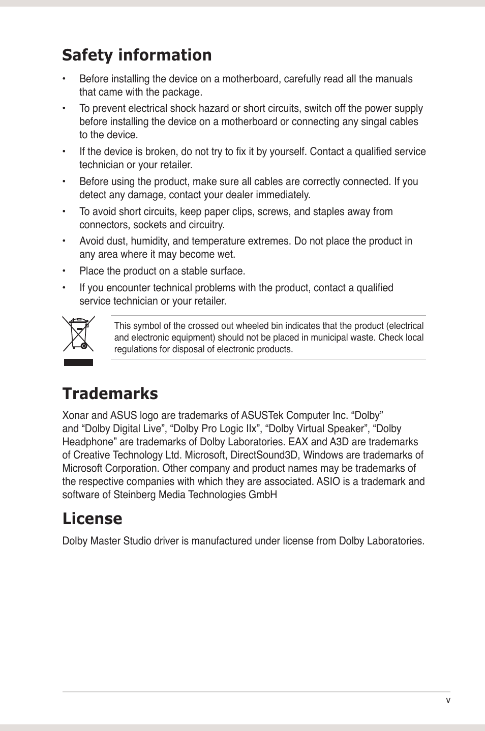 Safety information, Trademarks, License | Asus Xonar DG User Manual | Page 5 / 58