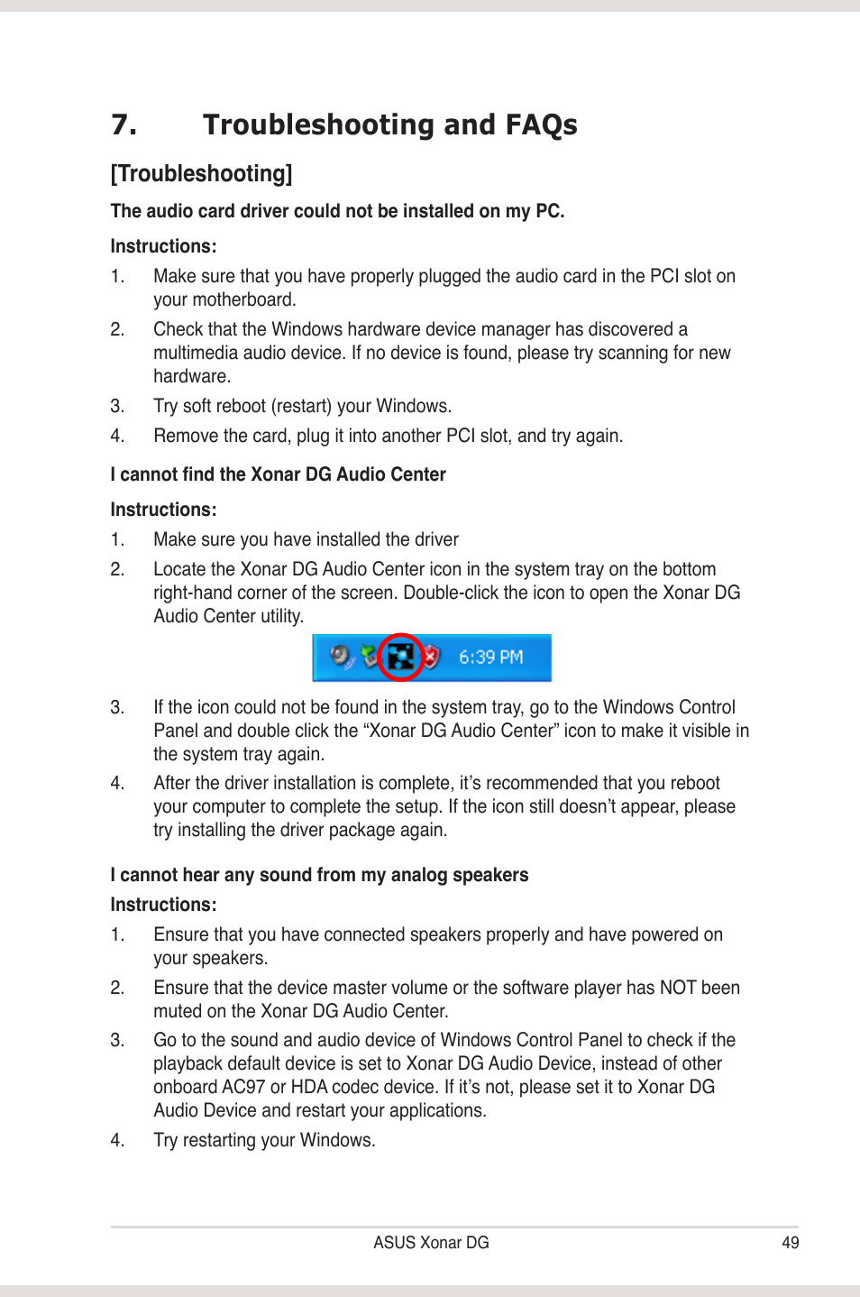 Troubleshooting and faqs, Troubleshooting | Asus Xonar DG User Manual | Page 55 / 58