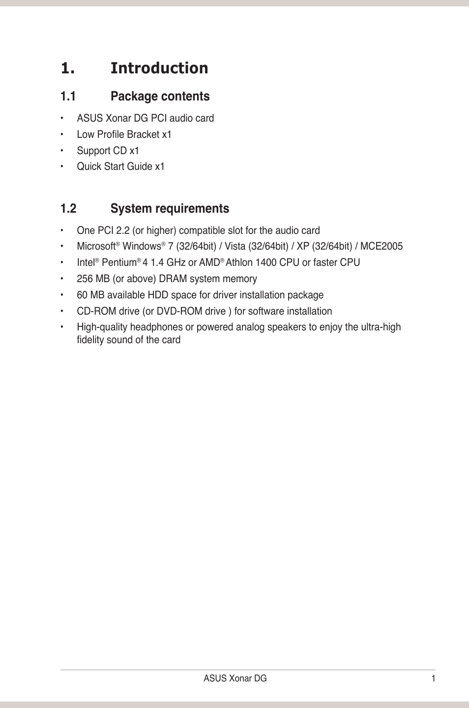 Introduction, 1 package contents, 2 system requirements | Introduction 1.1, Package contents, System requirements | Asus Xonar DG User Manual | Page 7 / 58