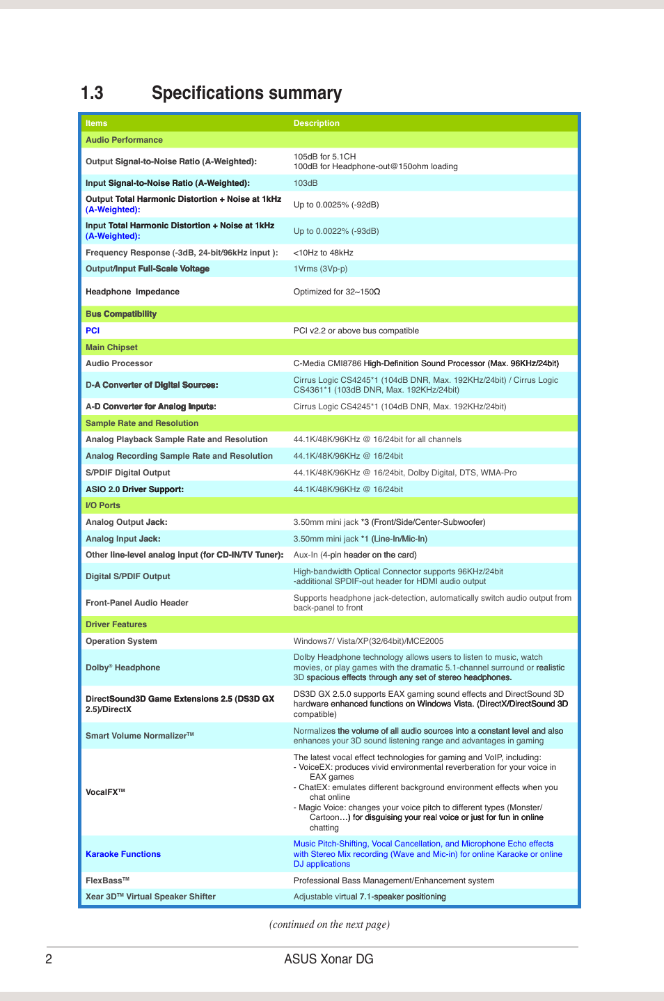 3 specifications summary, Specifications summary, 2asus xonar dg | Continued on the next page) | Asus Xonar DG User Manual | Page 8 / 58