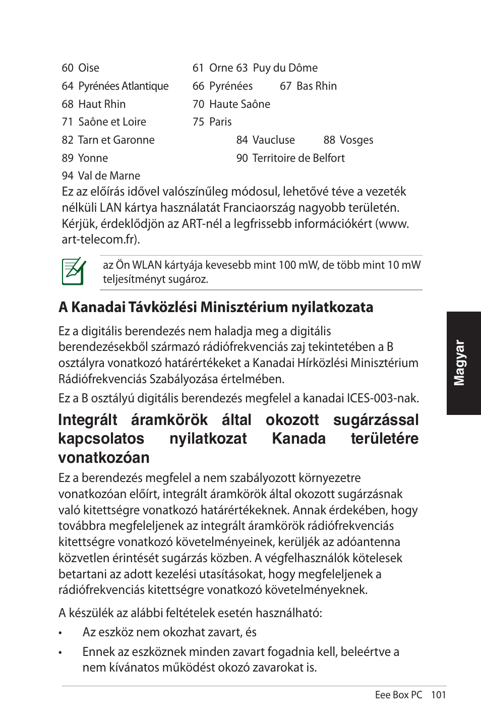 A kanadai távközlési minisztérium nyilatkozata | Asus EB1012 User Manual | Page 101 / 231