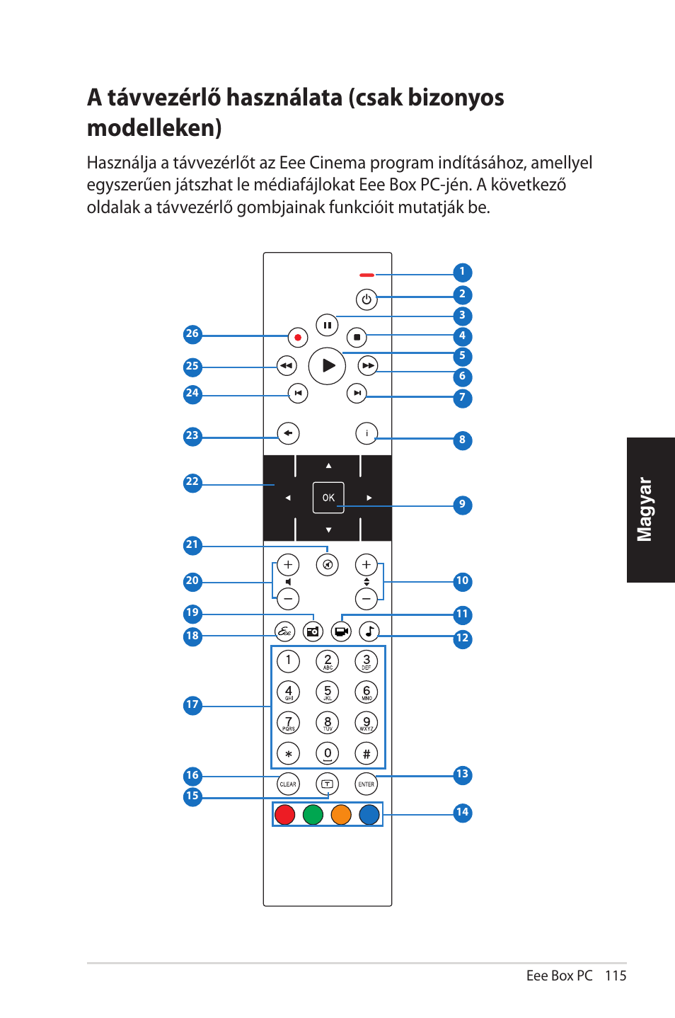 A távvezérlő használata (csak bizonyos modelleken), Magyar | Asus EB1012 User Manual | Page 115 / 231