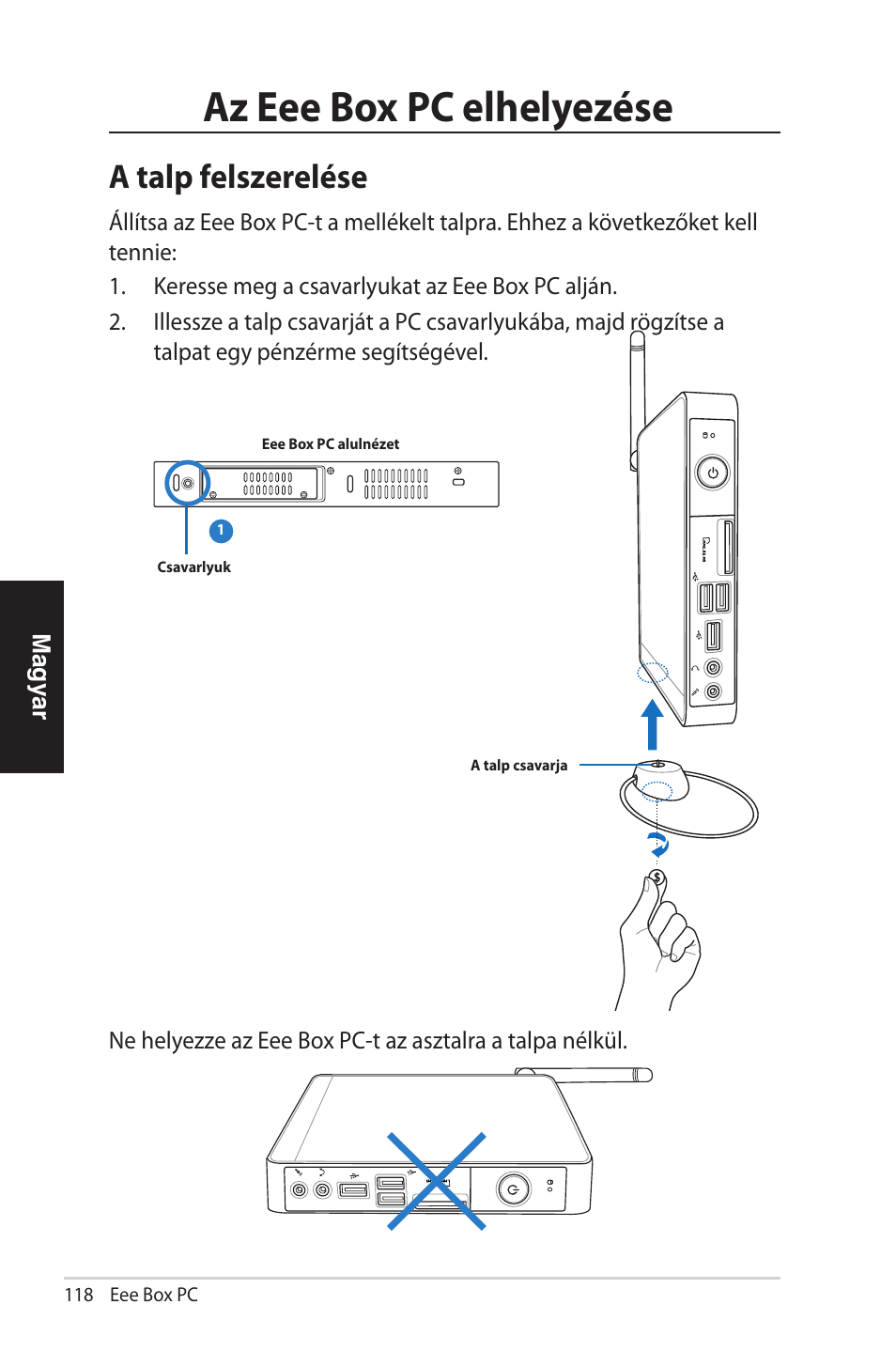 Az eee box pc elhelyezése, A talp felszerelése | Asus EB1012 User Manual | Page 118 / 231