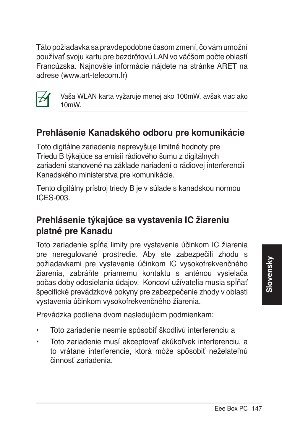 Prehlásenie kana�ského o�boru pre komunikácie | Asus EB1012 User Manual | Page 147 / 231