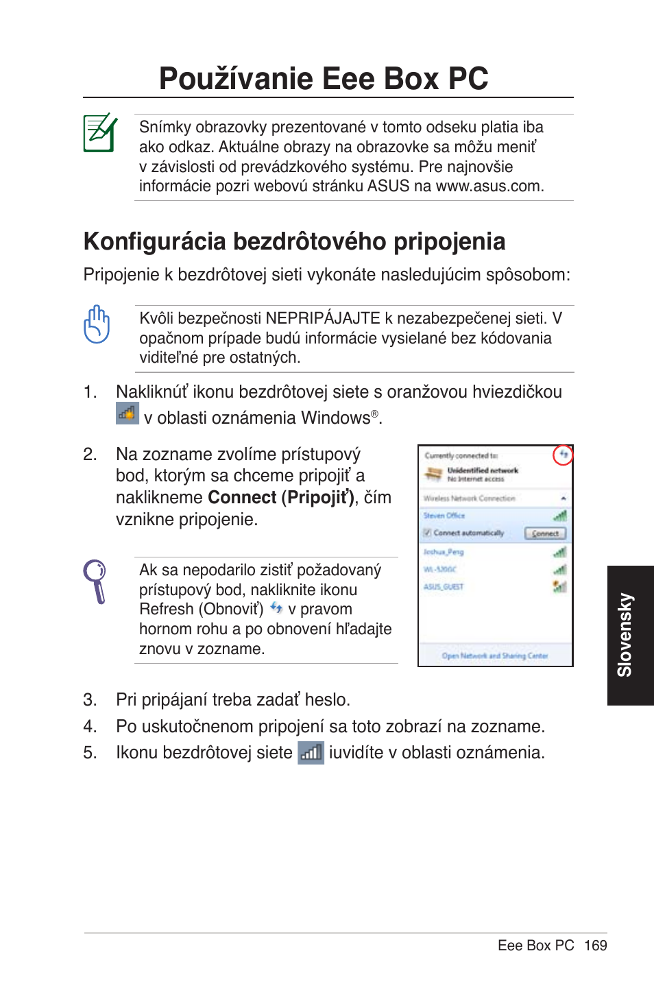 Používanie eee box pc, Konfigurácia bez�rôtového pripojenia | Asus EB1012 User Manual | Page 169 / 231