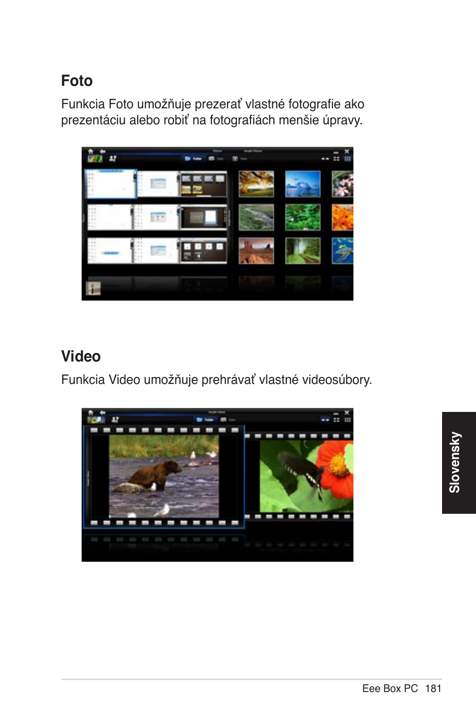 Photo, Video, Foto | Vi�eo | Asus EB1012 User Manual | Page 181 / 231