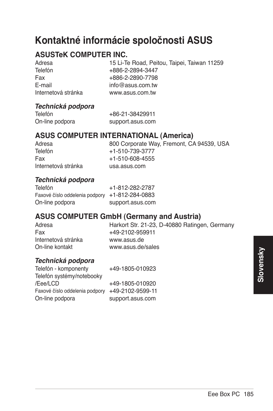 Kontaktné informácie spoločnosti asus, Slovensky, Asustek computer inc | Asus computer international (america), Asus computer gmbh (germany an� austria) | Asus EB1012 User Manual | Page 185 / 231