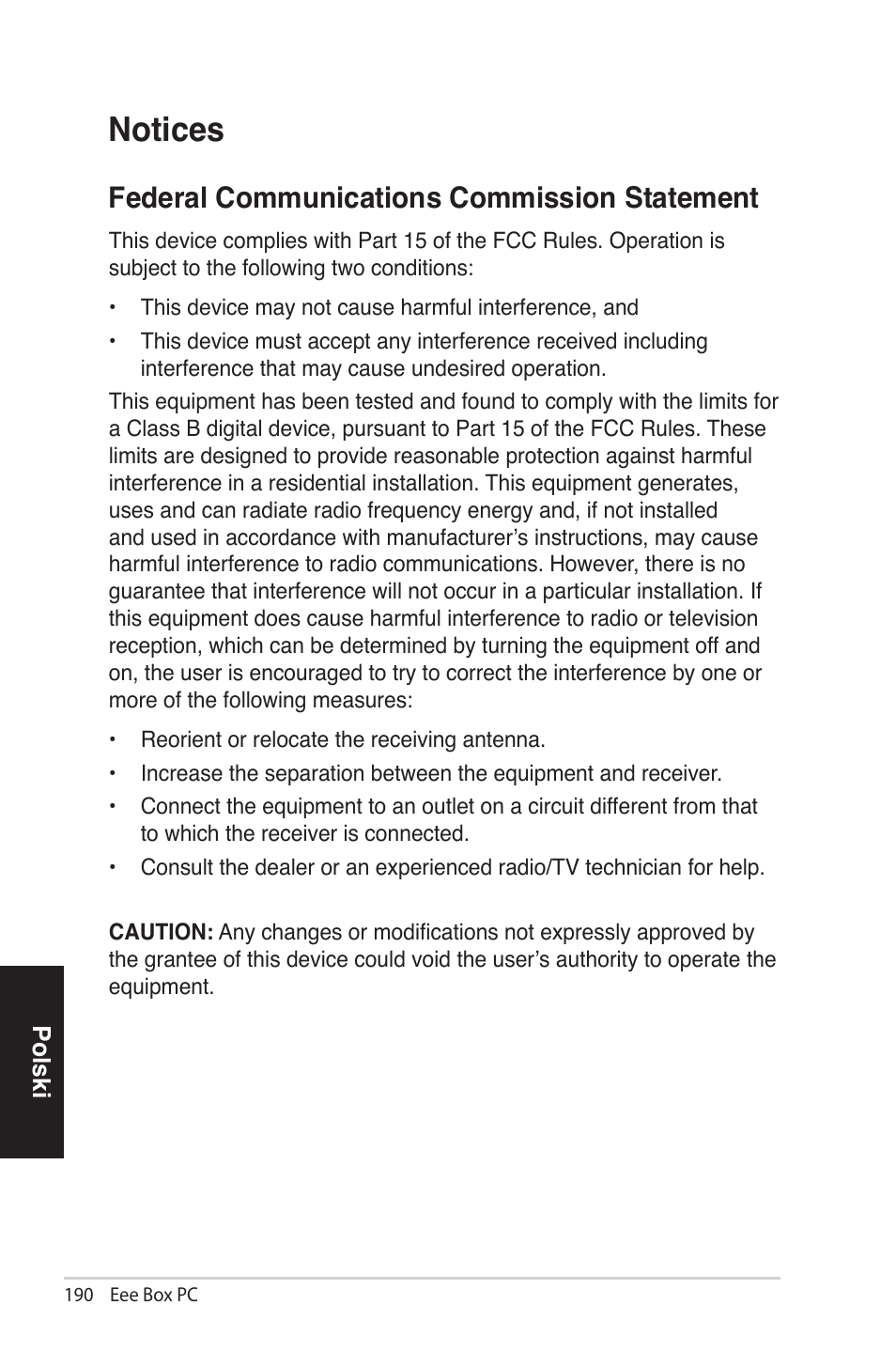 Notices, N...c, Fe�eral communications commission statement | Asus EB1012 User Manual | Page 190 / 231