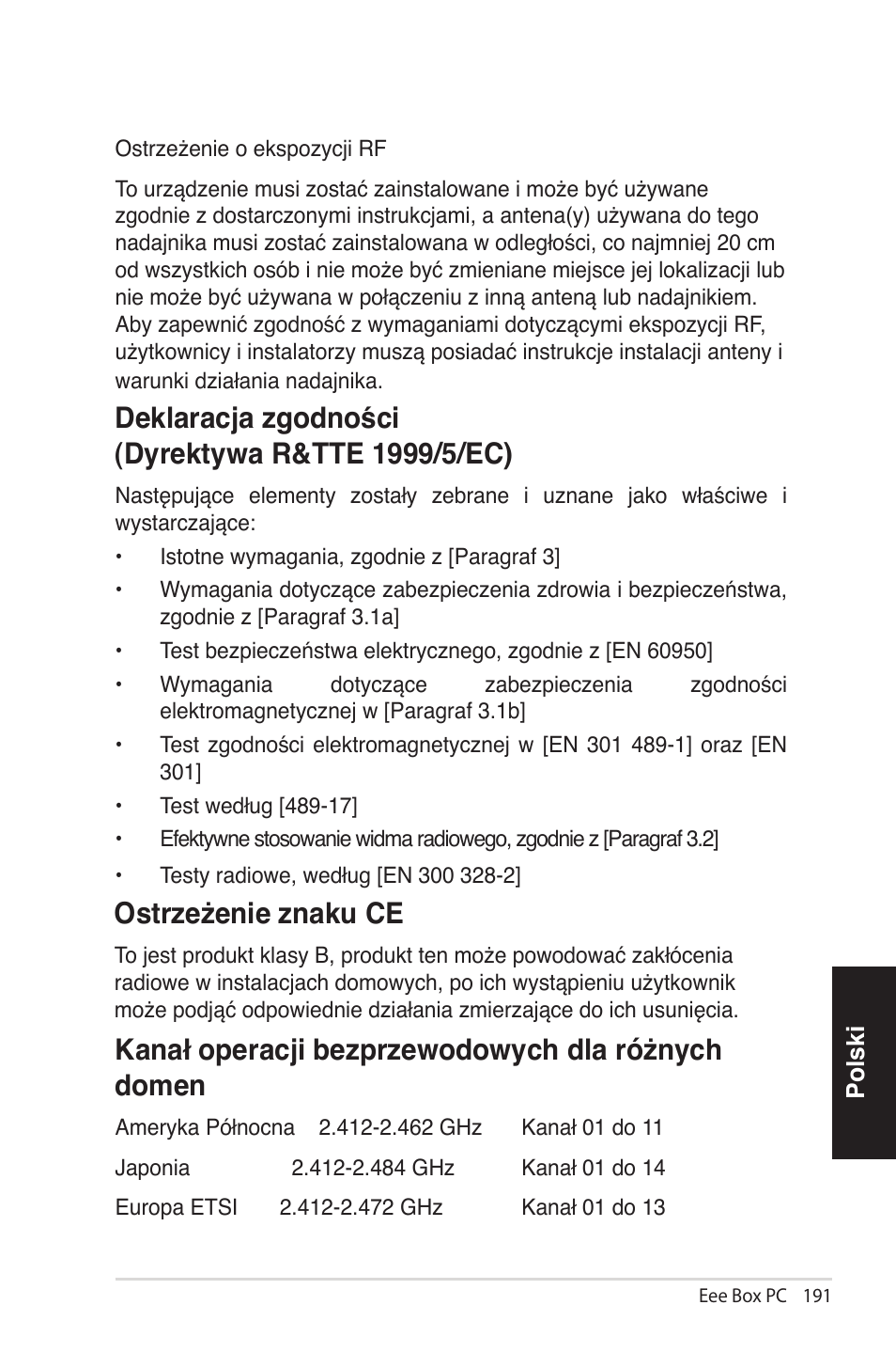 Ostrzeżenie znaku ce, Kanał operacji bezprzewo�owych �la różnych �omen | Asus EB1012 User Manual | Page 191 / 231