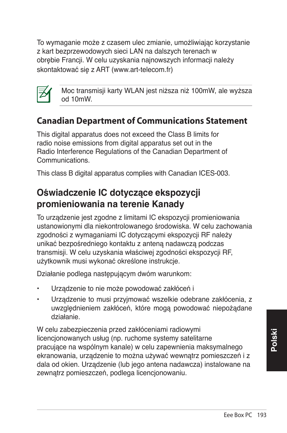 Canadian department of communications statement | Asus EB1012 User Manual | Page 193 / 231