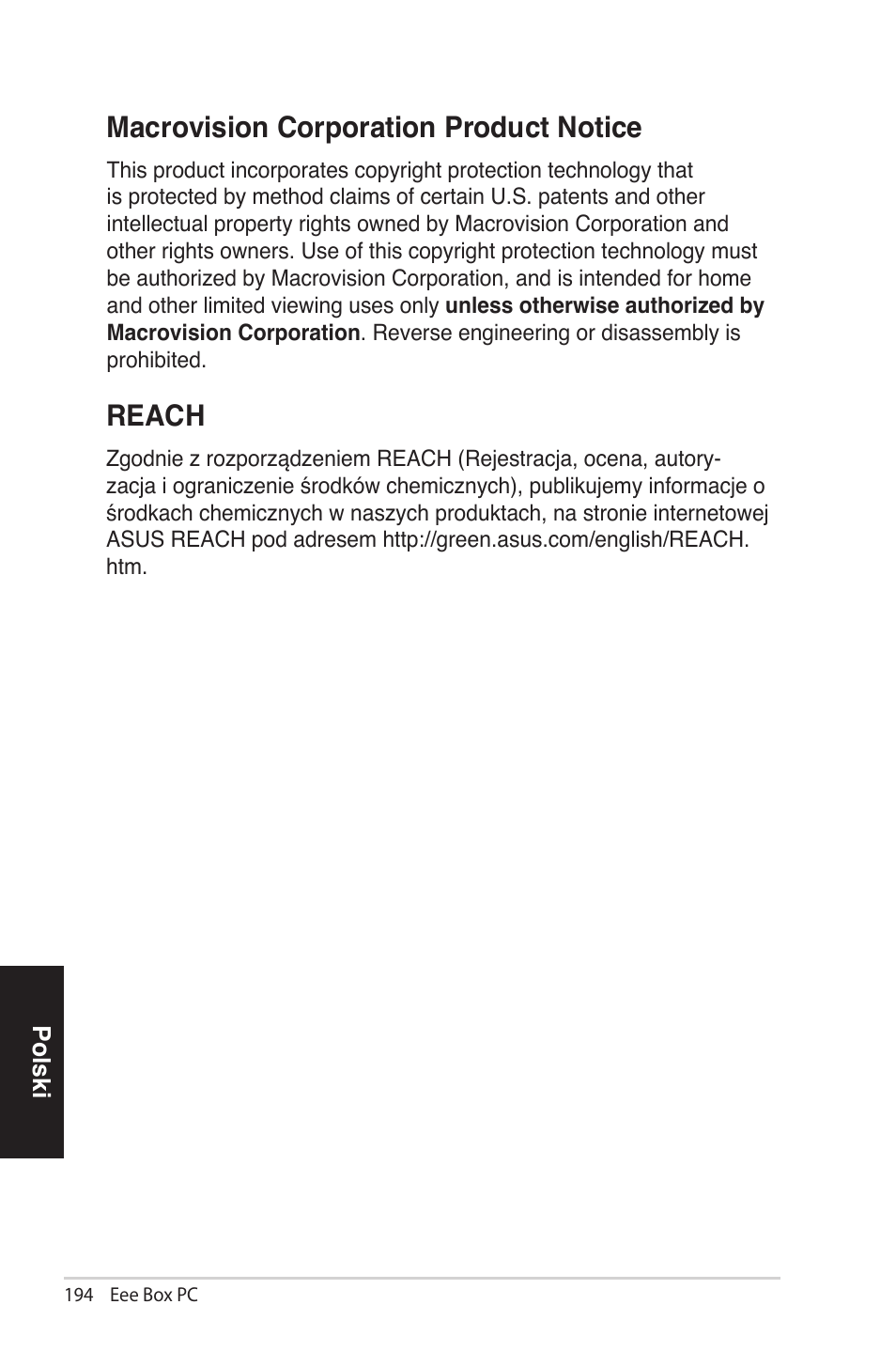 Macrovision corporation pro�uct notice, Reach | Asus EB1012 User Manual | Page 194 / 231