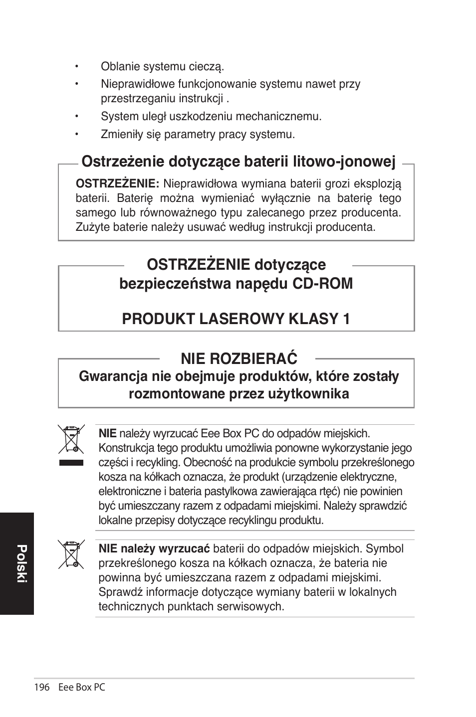 Nie rozbierać, Ostrzeżenie �otyczące baterii litowo-jonowej | Asus EB1012 User Manual | Page 196 / 231