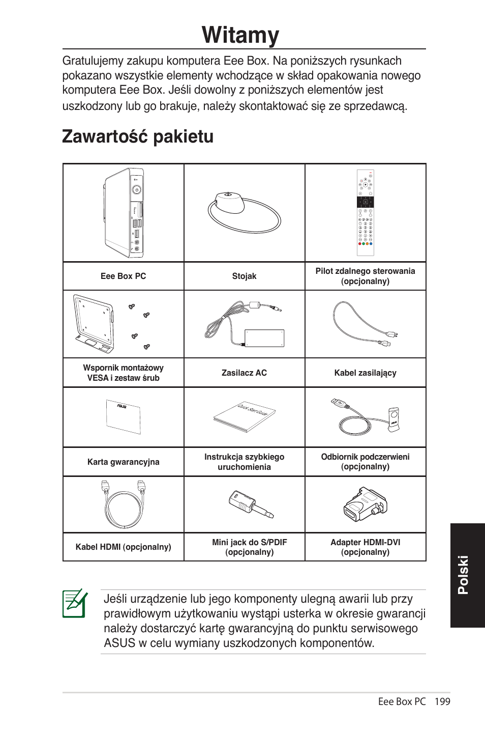 Gratulujemy, Zawartość pakietu, Itamy | Z.w....ść p.....u, Witamy, Polski | Asus EB1012 User Manual | Page 199 / 231