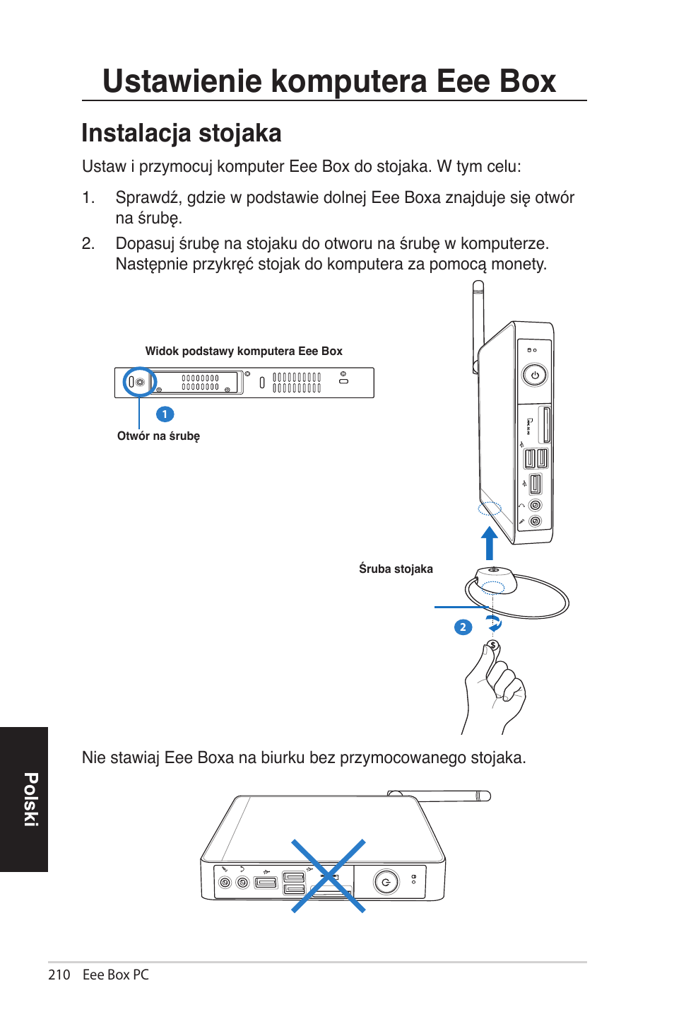 Ustawienie komputera eee box, Instalacja stojaka, I......cj. ...j | Polski | Asus EB1012 User Manual | Page 210 / 231