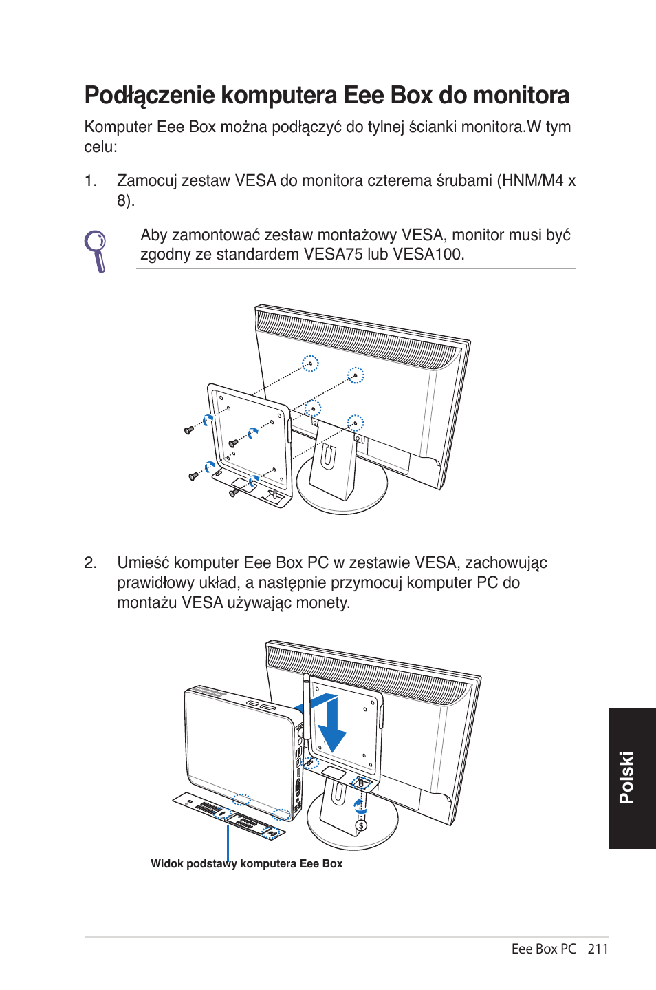Podłączenie komputera eee box do monitora, Dłącz.... ..mpu.... e.. b.x d. m, Po�łączenie komputera eee box �o monitora | Asus EB1012 User Manual | Page 211 / 231