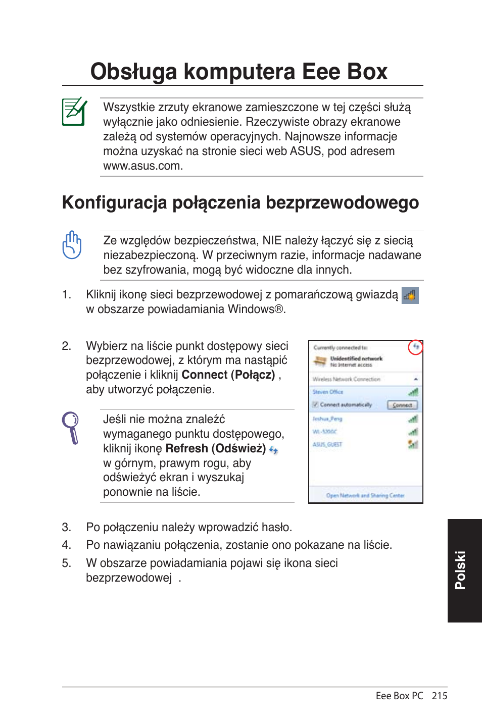 Obsługa komputera eee box, Konfiguracja połączenia bezprzewodowego, K..fi.u..cj. p.łącz.... b.zp.z.w.d.w | Konfiguracja połączenia bezprzewo�owego | Asus EB1012 User Manual | Page 215 / 231