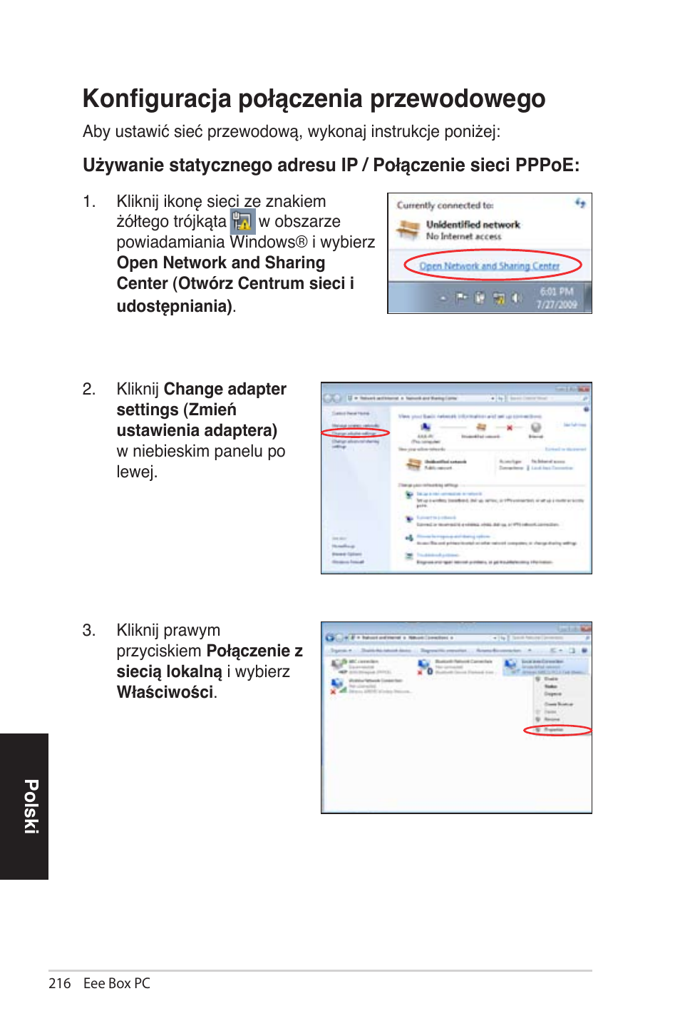 Konfiguracja połączenia przewodowego, K..fi.u..cj. p.łącz.... p.z.w.d.w, Konfiguracja połączenia przewo�owego | Asus EB1012 User Manual | Page 216 / 231