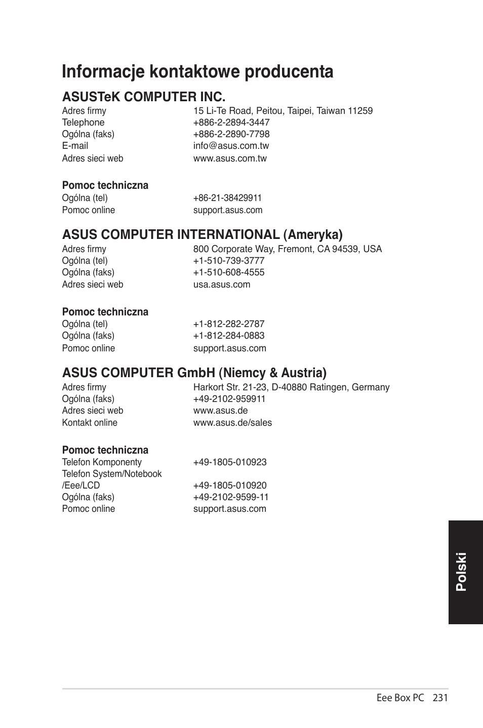 Informacje kontaktowe pro�ucenta, Polski, Asustek computer inc | Asus computer international (ameryka), Asus computer gmbh (niemcy & austria) | Asus EB1012 User Manual | Page 231 / 231