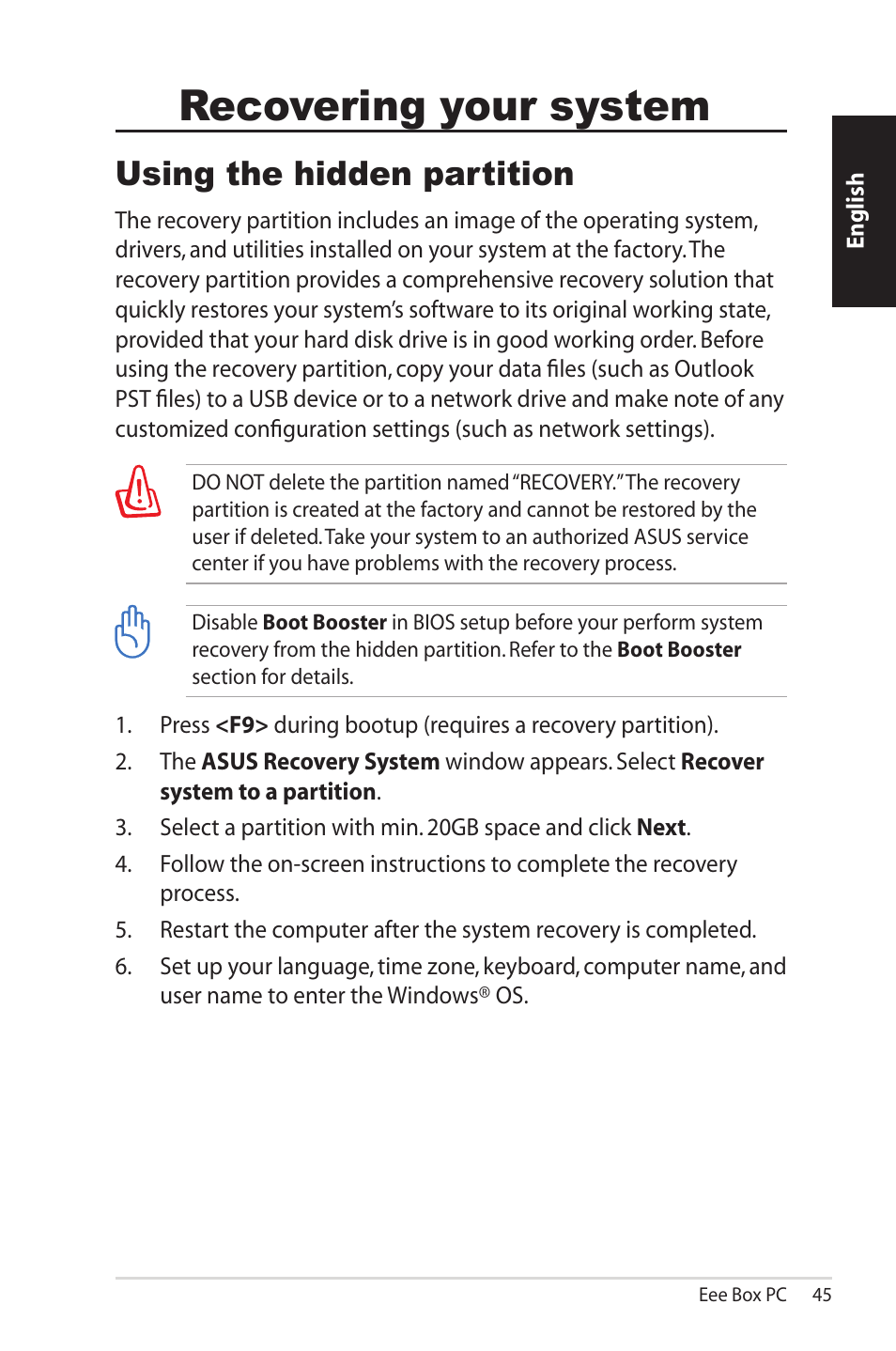 Recovering your system, Using the hidden partition | Asus EB1012 User Manual | Page 45 / 231