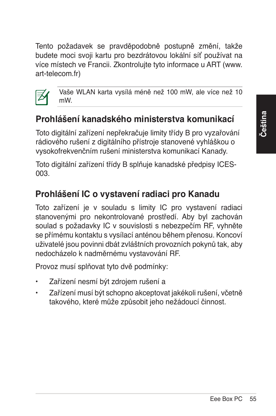 Prohlášení kana�ského ministerstva komunikací, Prohlášení ic o vystavení ra�iaci pro kana�u | Asus EB1012 User Manual | Page 55 / 231