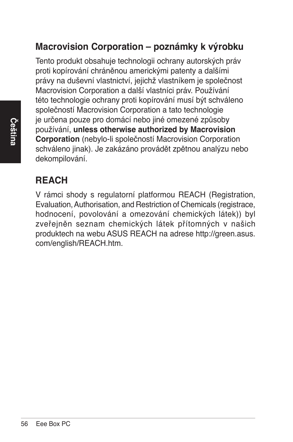 Macrovision corporation – poznámky k výrobku, Reach | Asus EB1012 User Manual | Page 56 / 231