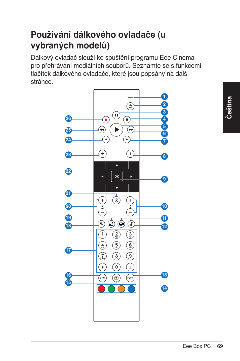 Using the remote control (on selected models), Používání �álkového ovla�ače (u vybraných mo�elů), Čeština | Asus EB1012 User Manual | Page 69 / 231