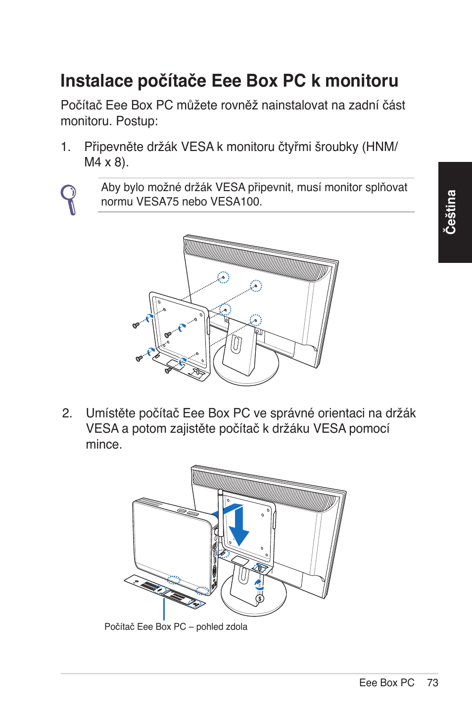 Installing your eee box pc to a monitor, Instalace počítače eee box pc k monitoru | Asus EB1012 User Manual | Page 73 / 231