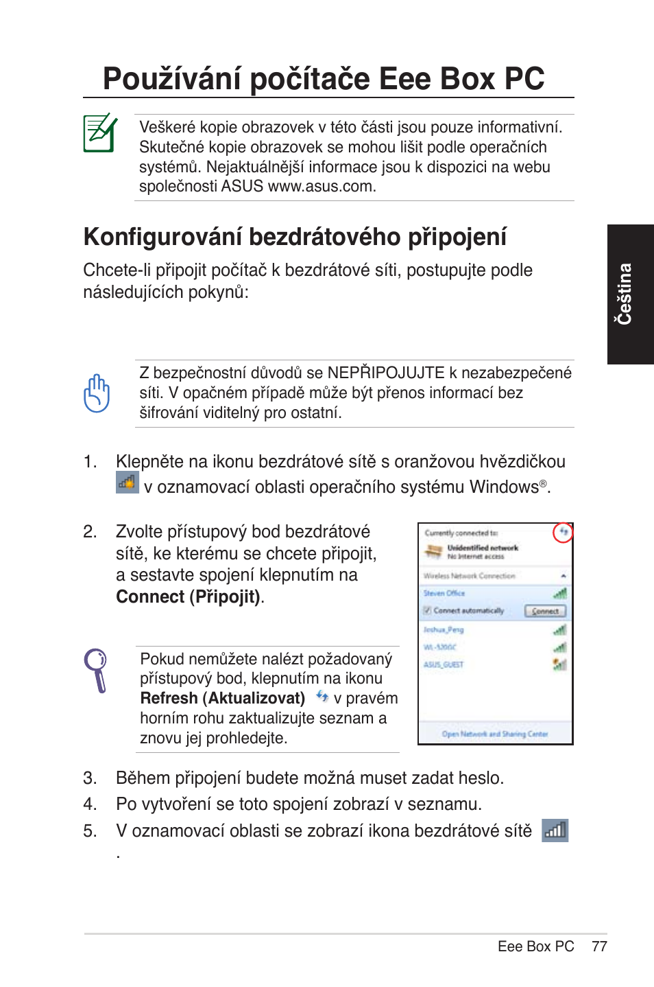 Using your eeebox pc, Configuring wireless connection, Používání počítače eee box pc | Konfigurování bez�rátového připojení | Asus EB1012 User Manual | Page 77 / 231