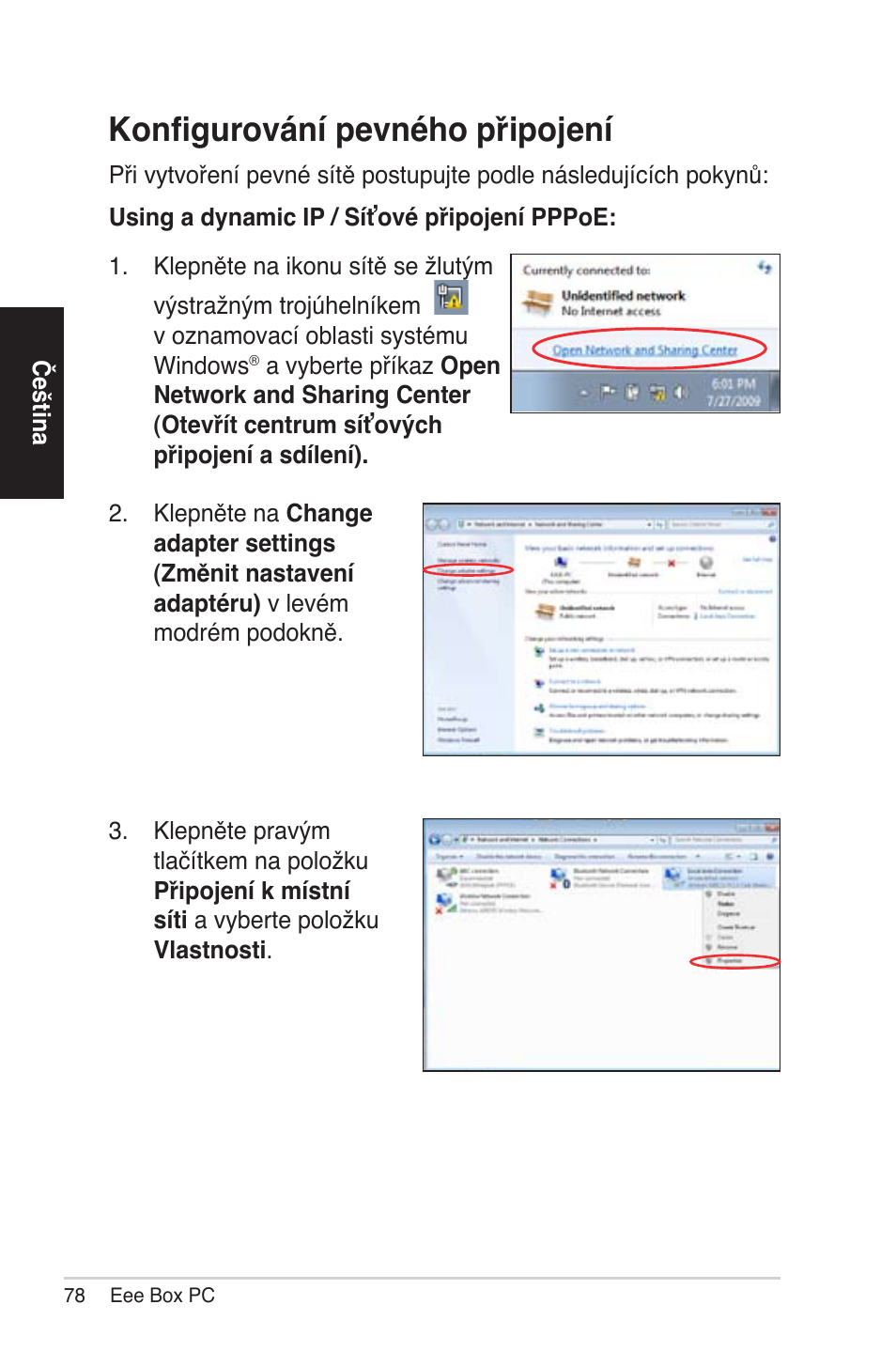 Configuring wired connection, Konfigurování pevného připojení | Asus EB1012 User Manual | Page 78 / 231