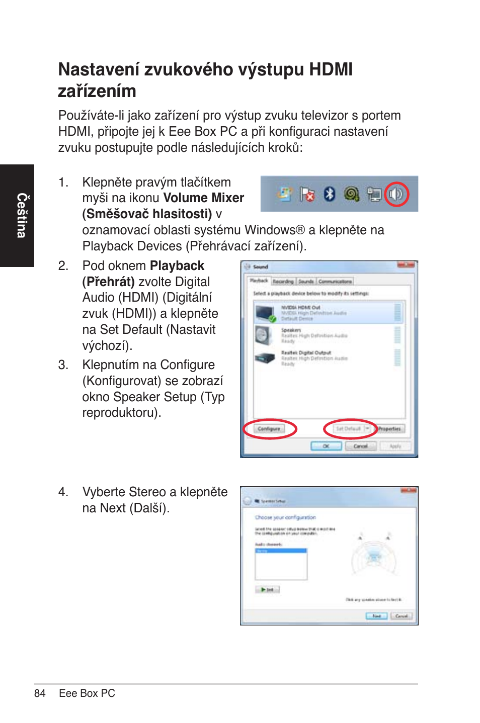 Configuring audio output via an hdmi device, Nastavení zvukového výstupu hdmi zařízením | Asus EB1012 User Manual | Page 84 / 231