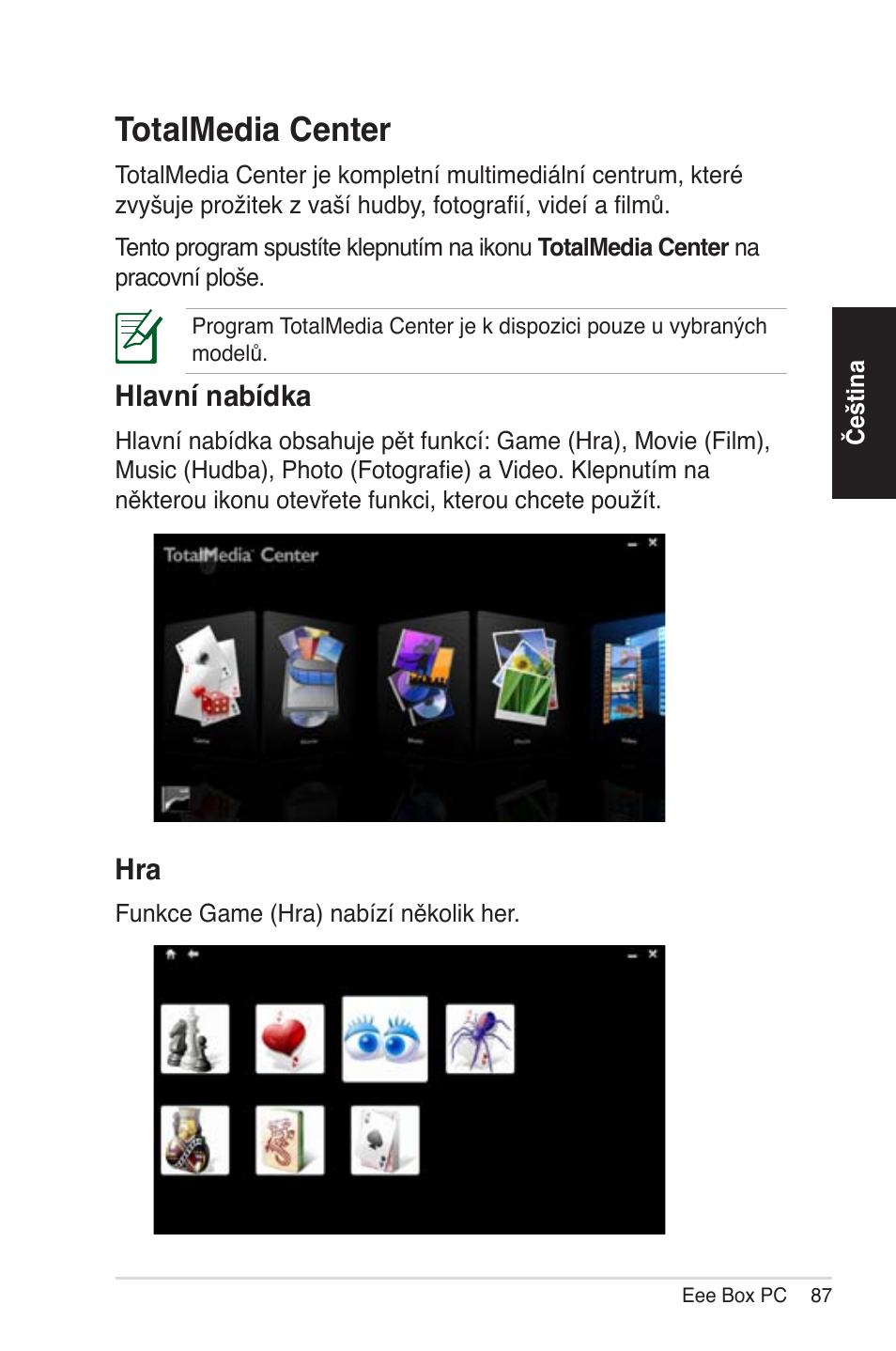 Totalmedia center, Main menu, Game | T......d.. c, Totalme�ia center, Hlavní nabí�ka | Asus EB1012 User Manual | Page 87 / 231