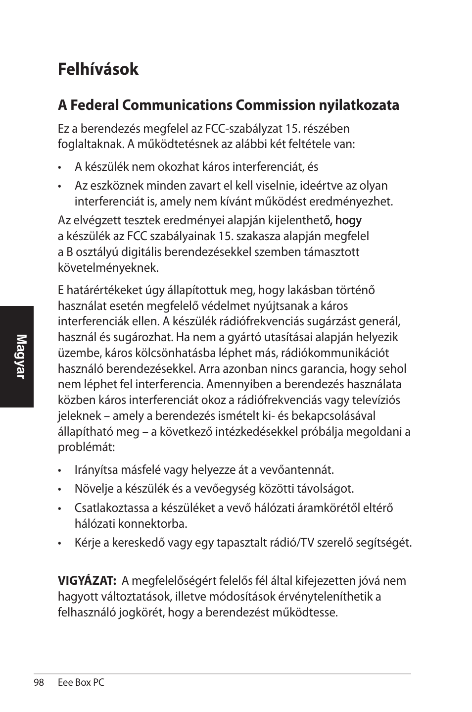 Felhívások, A federal communications commission nyilatkozata | Asus EB1012 User Manual | Page 98 / 231