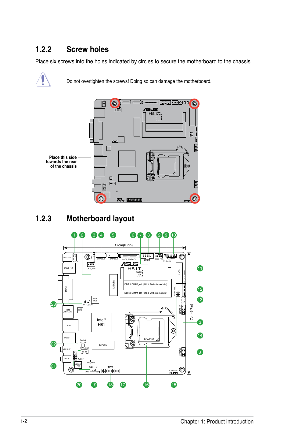 2 screw holes, 3 motherboard layout, Chapter 1: product introduction | Place this side towards the rear of the chassis | Asus H81T User Manual | Page 10 / 73