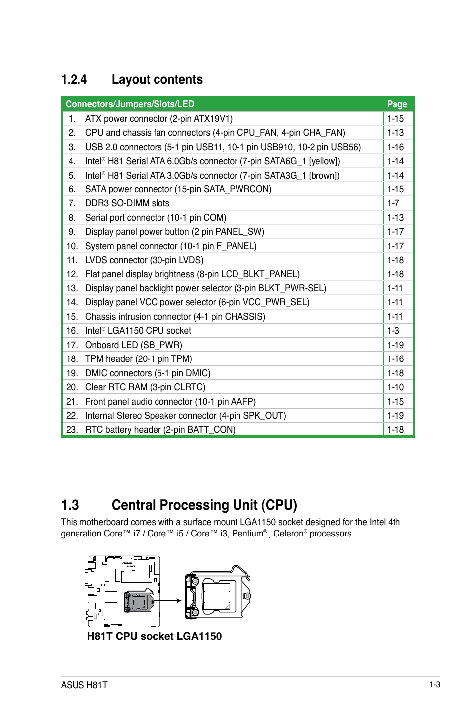 3 central processing unit (cpu), Central processing unit (cpu) -3, 4 layout contents | Asus H81T User Manual | Page 11 / 73