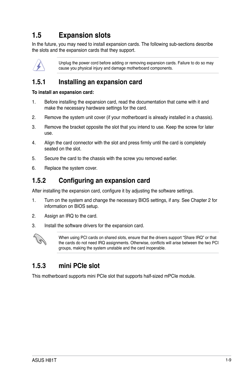 5 expansion slots, Expansion slots -9, 1 installing an expansion card | 2 configuring an expansion card, 3 mini pcie slot | Asus H81T User Manual | Page 17 / 73