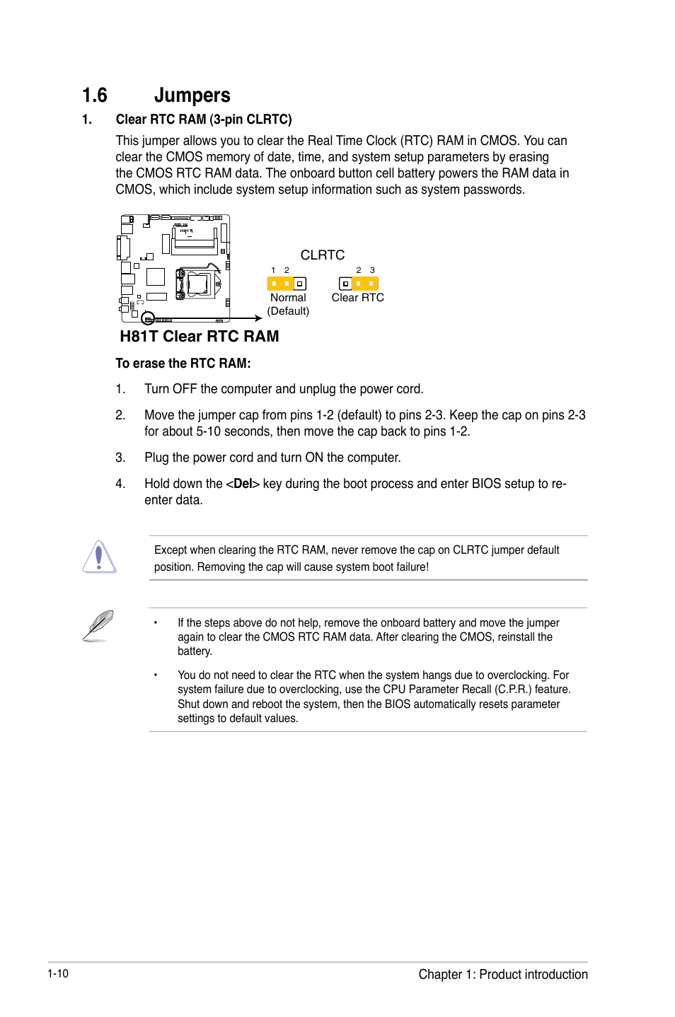 6 jumpers, Jumpers -10, H81t clear rtc ram | Asus H81T User Manual | Page 18 / 73