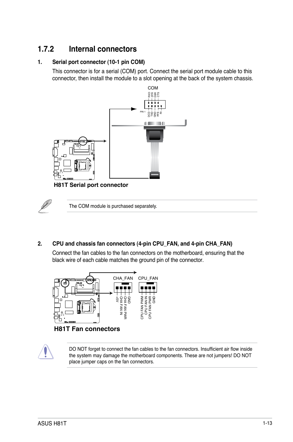 2 internal connectors, H81t fan connectors, Asus h81t | H81t serial port connector | Asus H81T User Manual | Page 21 / 73