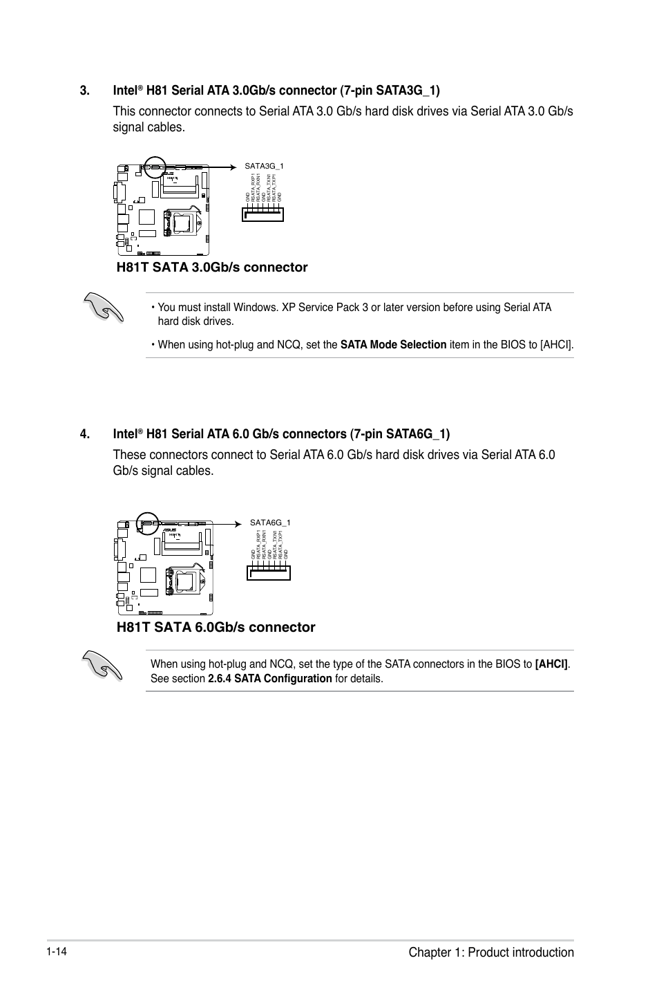 Chapter 1: product introduction 4. intel, H81t sata 3.0gb/s connector | Asus H81T User Manual | Page 22 / 73