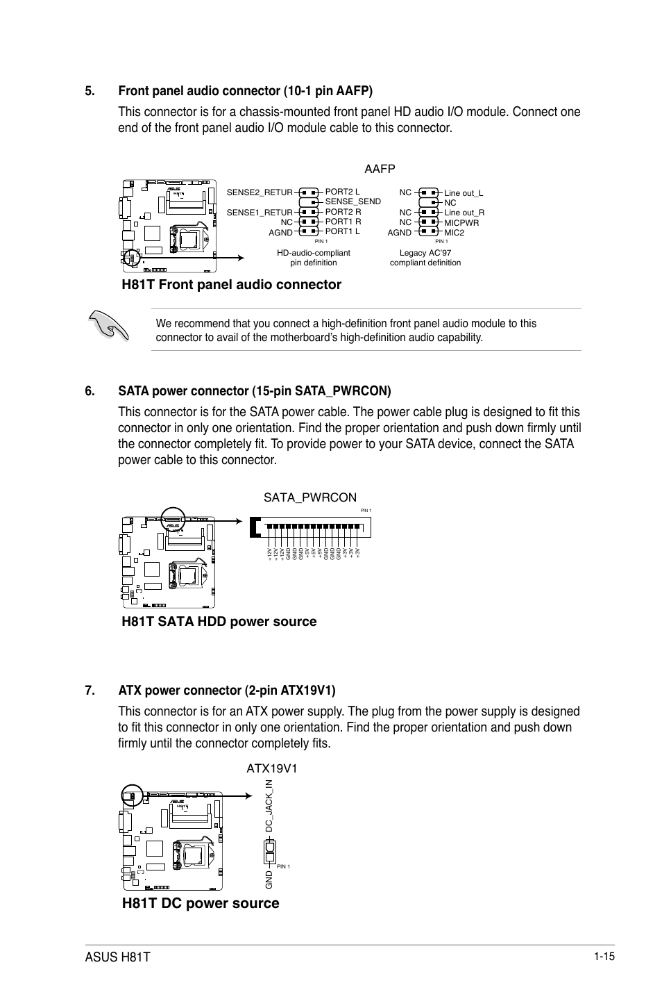 H81t dc power source, Asus h81t, H81t front panel audio connector | H81t sata hdd power source, Atx19v1, Aafp, Sata_pwrcon | Asus H81T User Manual | Page 23 / 73