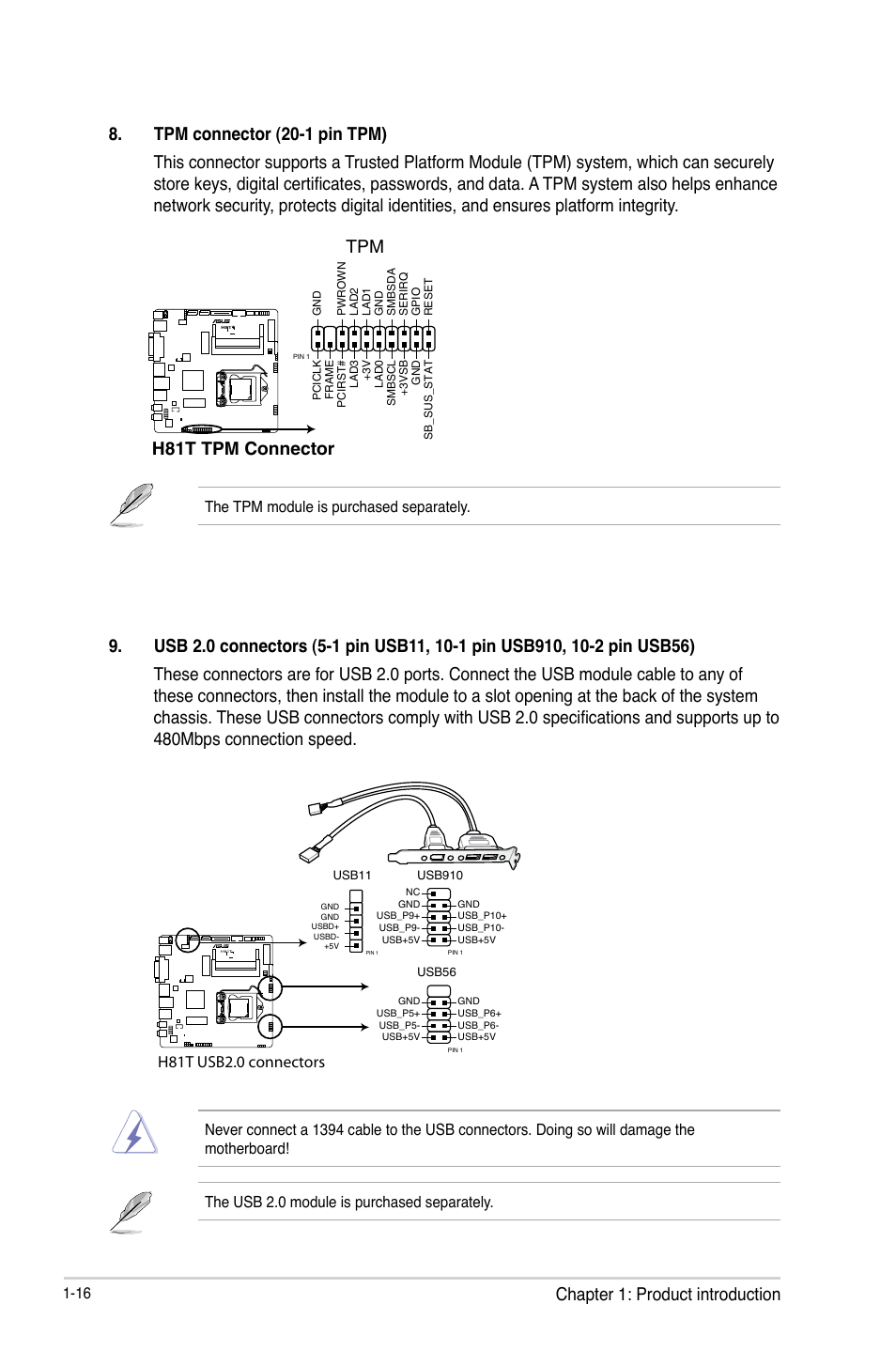 H81t tpm connector, H81t usb2.0 connectors, The tpm module is purchased separately | Asus H81T User Manual | Page 24 / 73