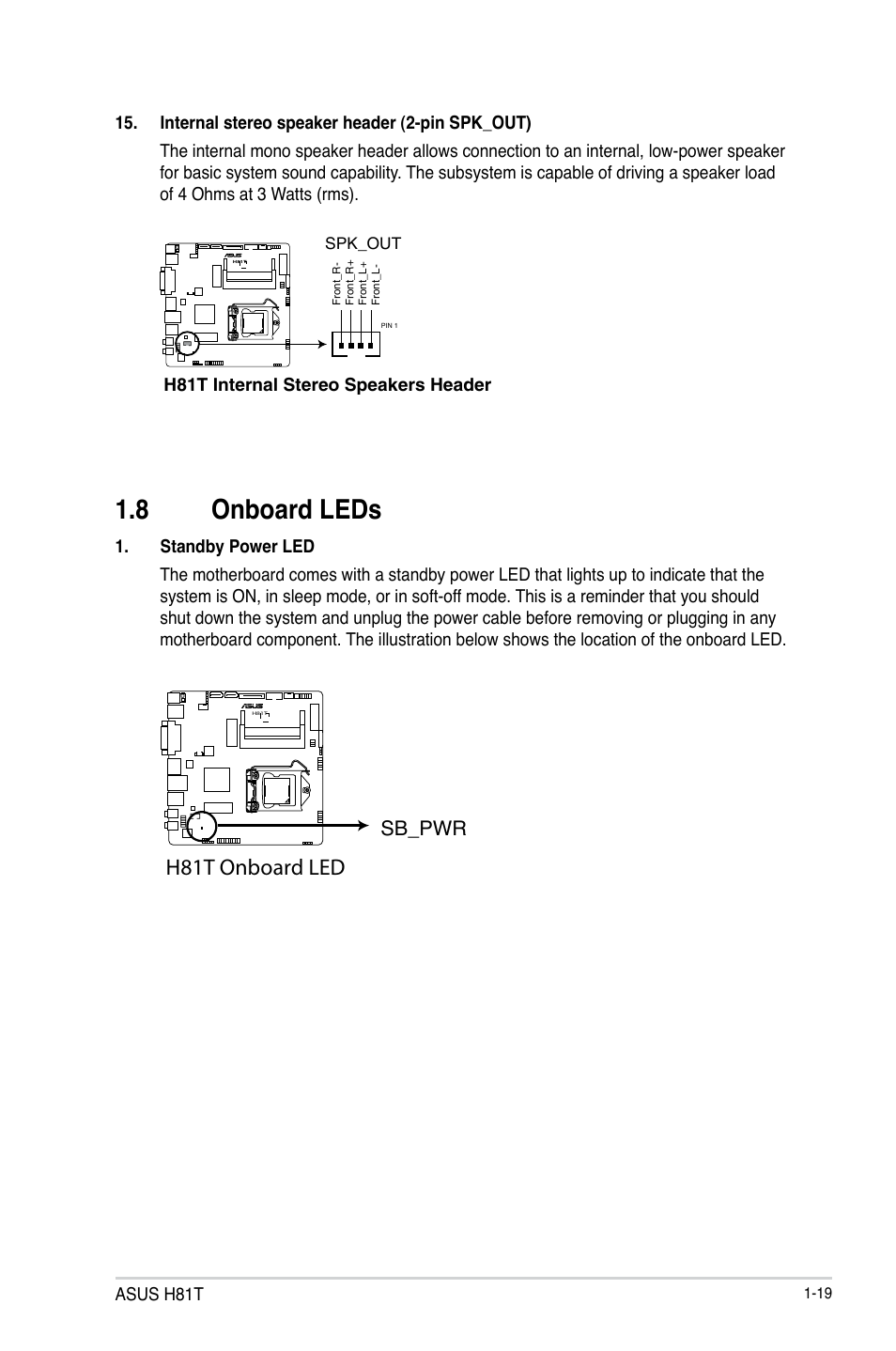 8 onboard leds, Onboard leds -19, H81t onboard led | Asus H81T User Manual | Page 27 / 73