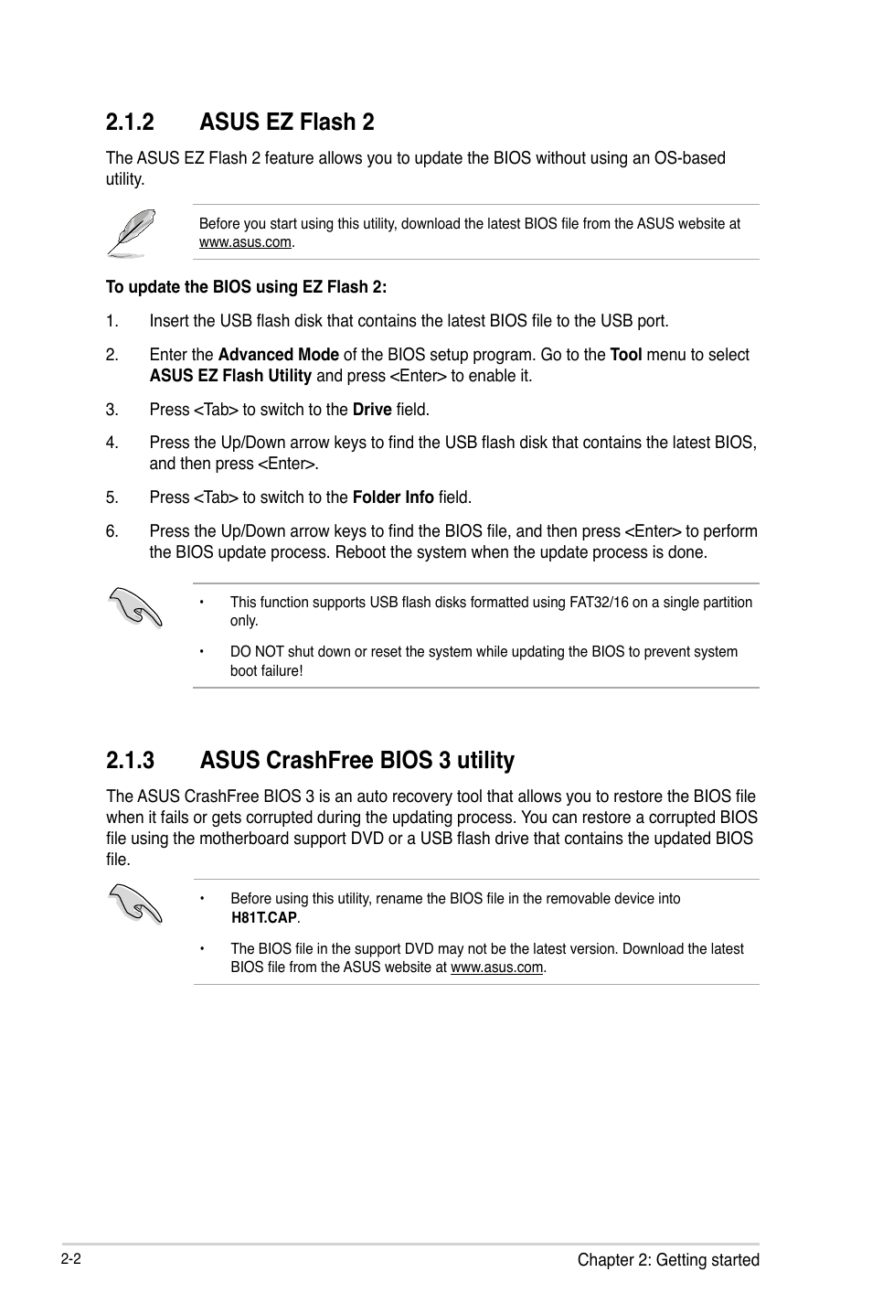 2 asus ez flash 2, 3 asus crashfree bios 3 utility | Asus H81T User Manual | Page 30 / 73