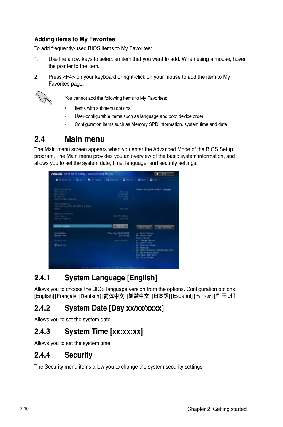 4 main menu, Main menu -10, 1 system language [english | 3 system time [xx:xx:xx, 4 security | Asus H81T User Manual | Page 38 / 73