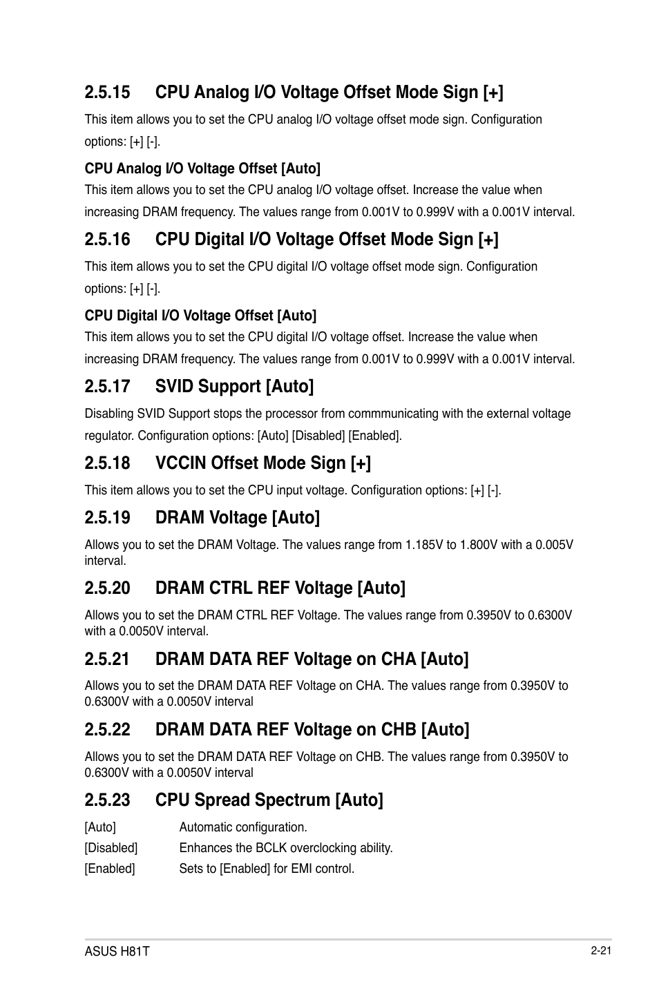 15 cpu analog i/o voltage offset mode sign, 16 cpu digital i/o voltage offset mode sign, 17 svid support [auto | 18 vccin offset mode sign, 19 dram voltage [auto, 20 dram ctrl ref voltage [auto, 21 dram data ref voltage on cha [auto, 22 dram data ref voltage on chb [auto, 23 cpu spread spectrum [auto | Asus H81T User Manual | Page 49 / 73