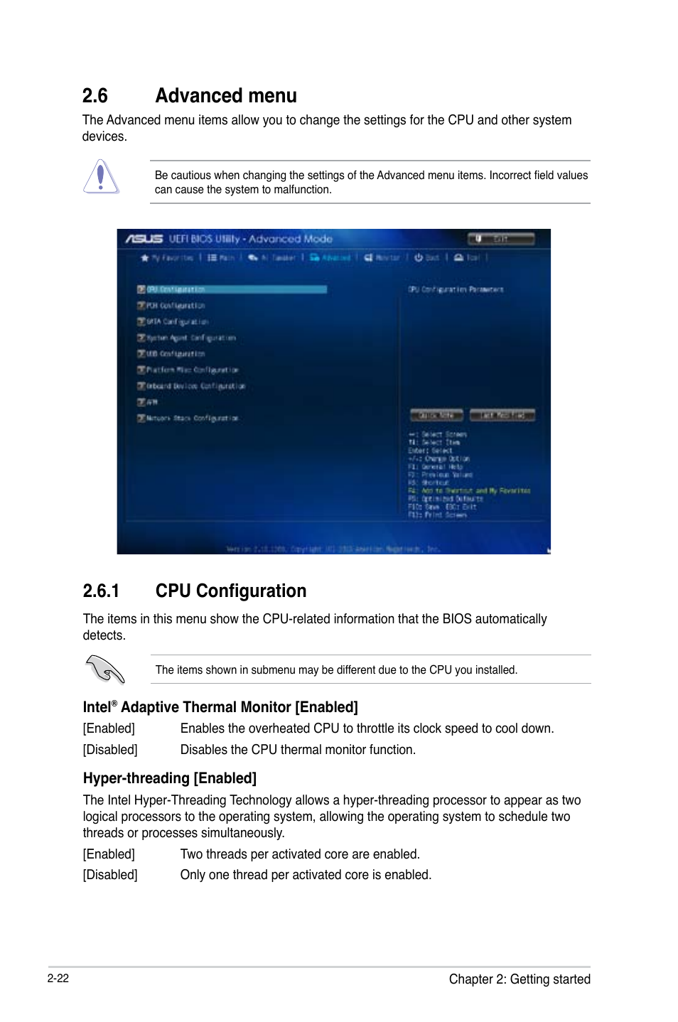 6 advanced menu, Advanced menu -22, 1 cpu configuration | Asus H81T User Manual | Page 50 / 73