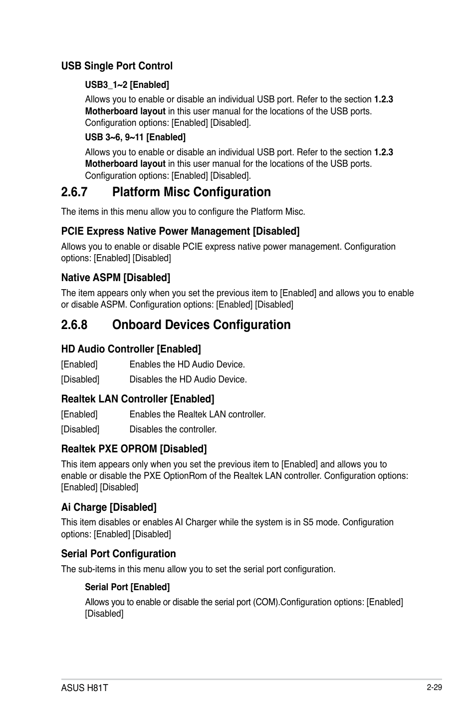 7 platform misc configuration, 8 onboard devices configuration | Asus H81T User Manual | Page 57 / 73