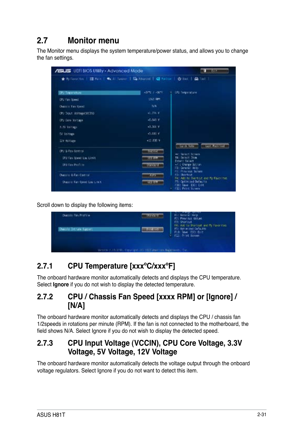 7 monitor menu, Monitor menu -31, 1 cpu temperature [xxxºc/xxxºf | Asus H81T User Manual | Page 59 / 73