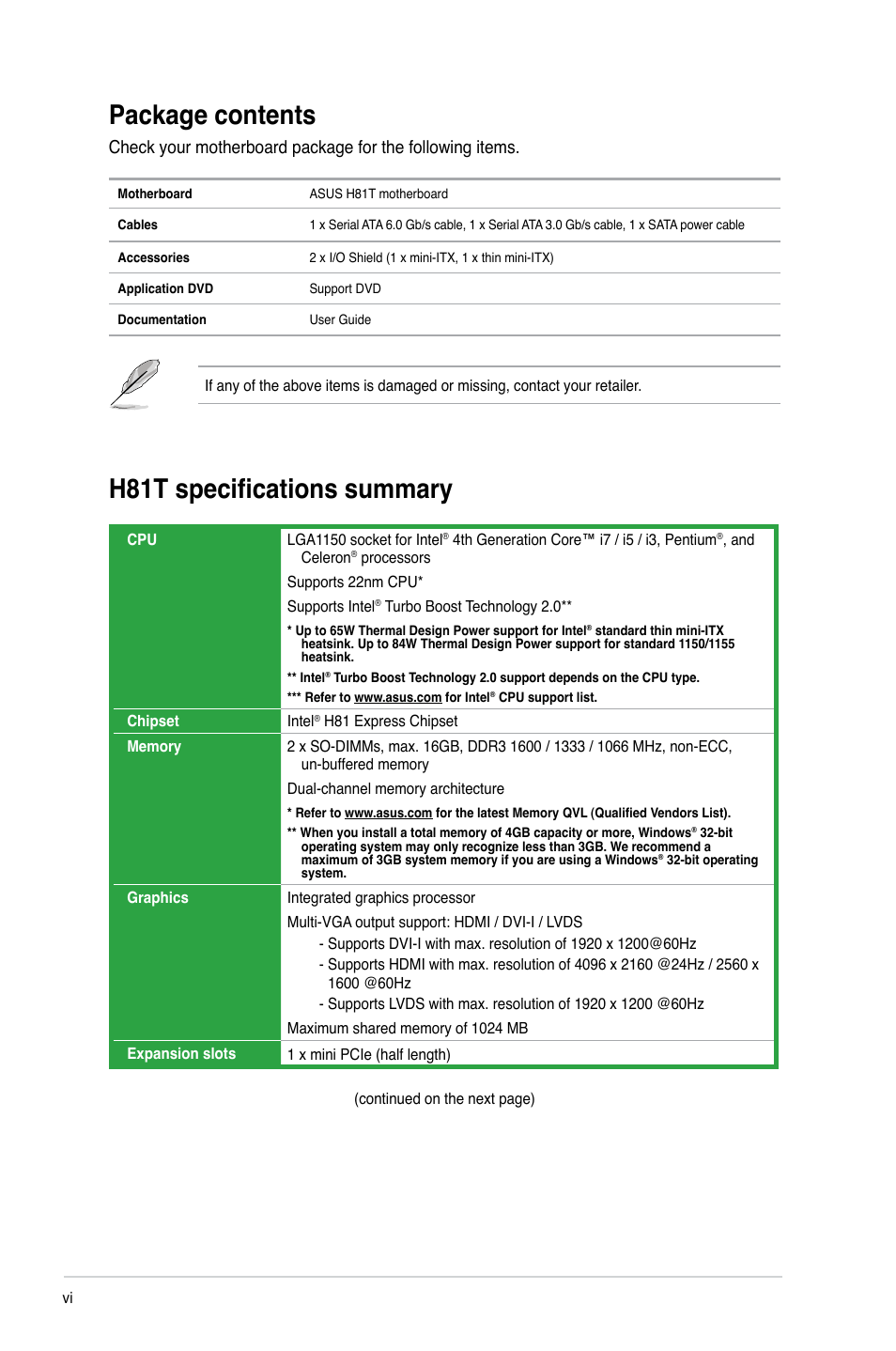 Package contents, H81t specifications summary | Asus H81T User Manual | Page 6 / 73